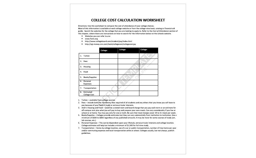 College Cost Calculation Worksheet
