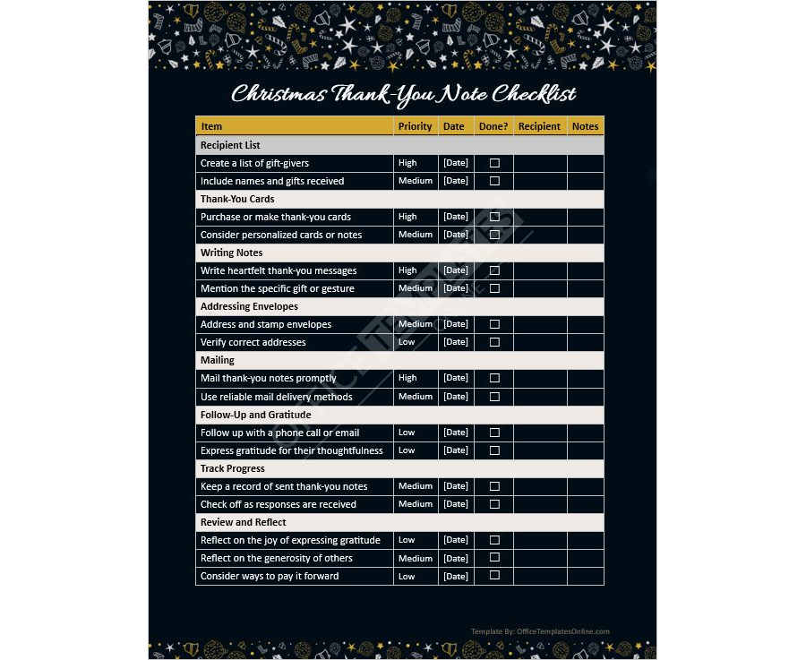 Christmas Thank-You Note Checklist Template for MS Word