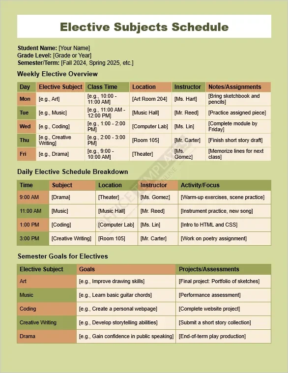 Elective Subjects Schedule