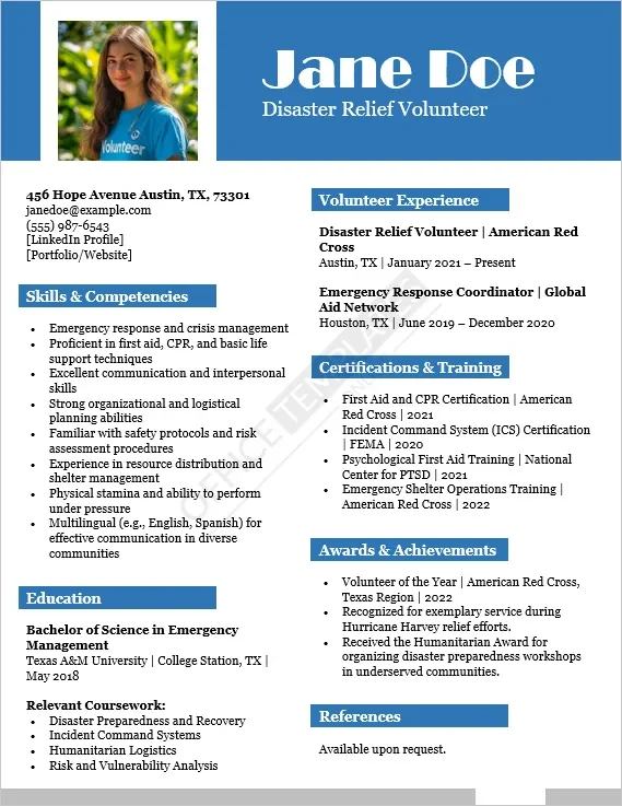 Disaster Relief Volunteer Resume Template
