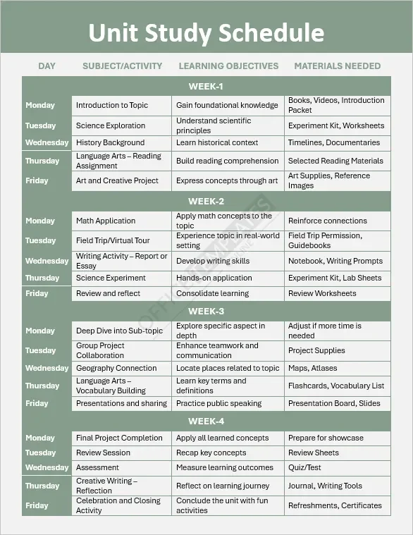 Unit Study Schedule Template