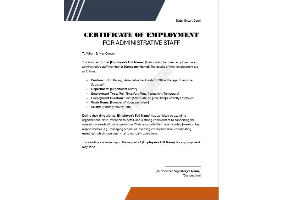 Certificate of Employment for Administrative Staff
