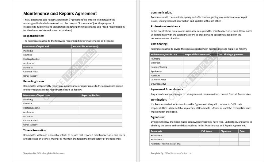 Maintenance and Repairs Agreement Template