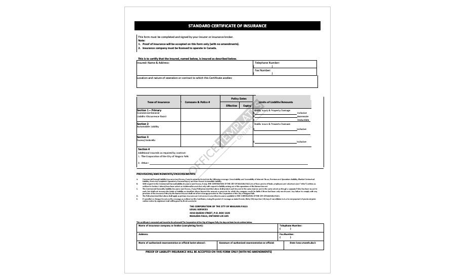 Download Standard Certificate of Insurance Template in Word