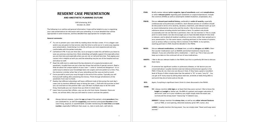 Download Resident Case Presentation and Anesthetic Planning Outline Template