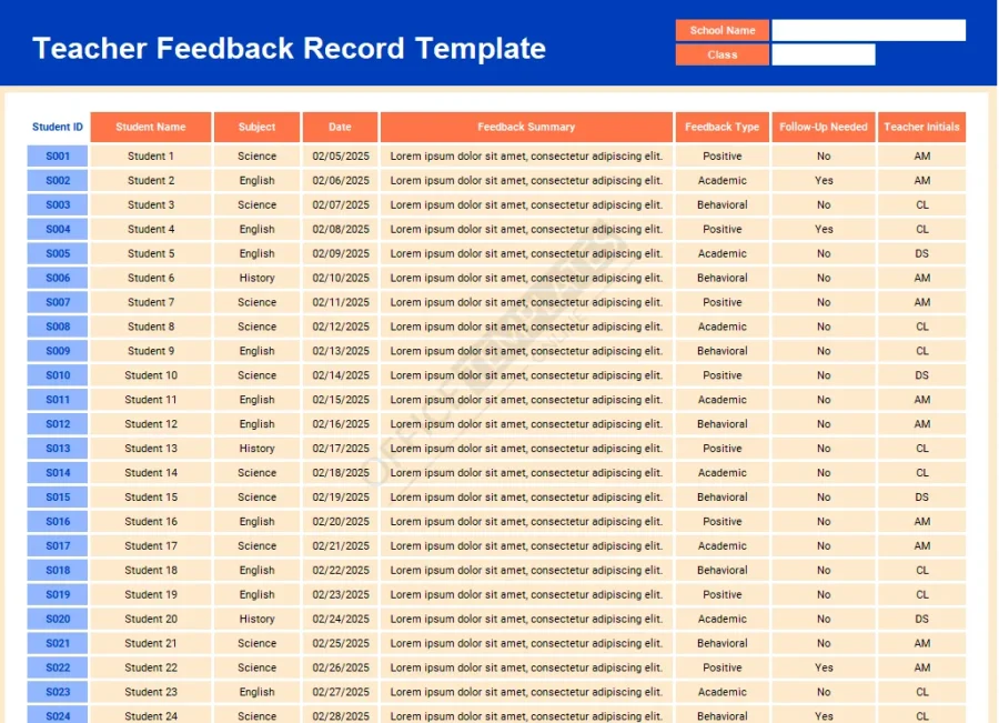 Excel Feedback Log Template for Teachers (Free)