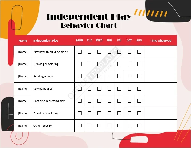Independent Play Behavior Chart Template