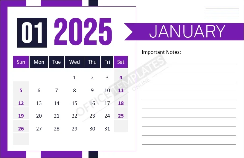 Download Elegant Month Calendar 2025 Design with Important Notes - MS Word Template