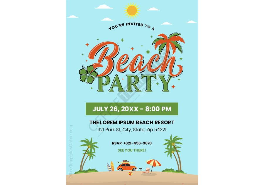 Beach Party Invitation Template in MS Word