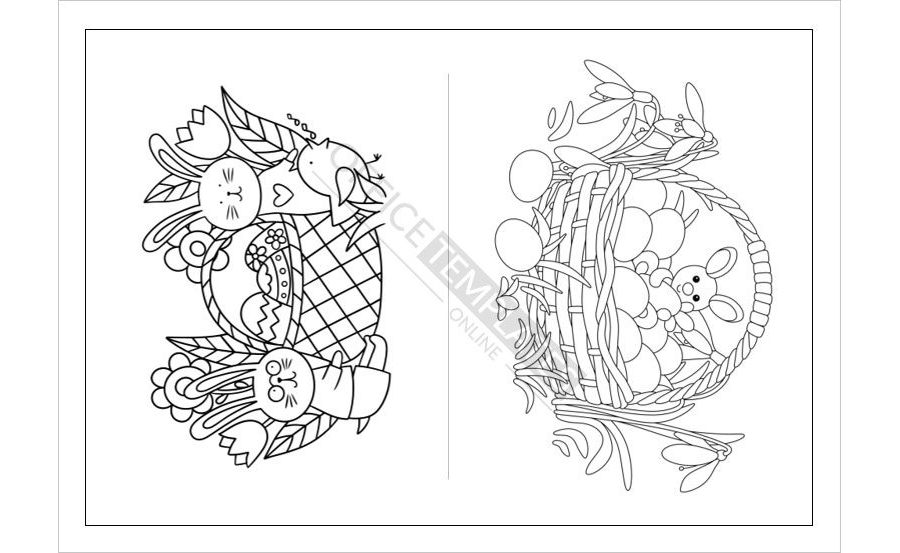 Easter Bunny With a Basket of Flowers Coloring Page Template