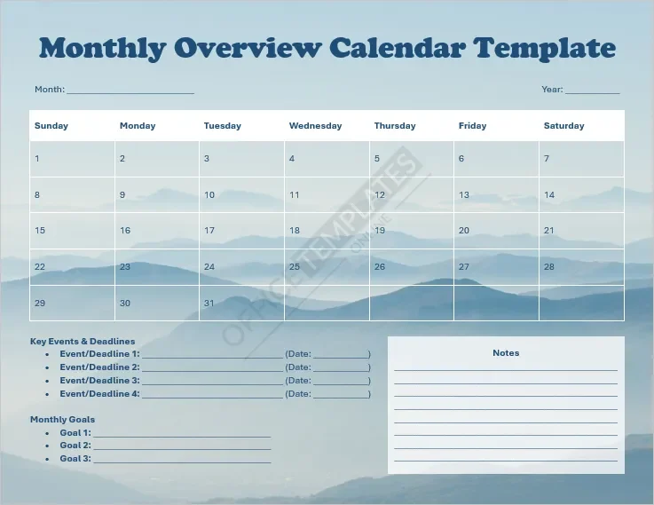Monthly Overview Calendar Template