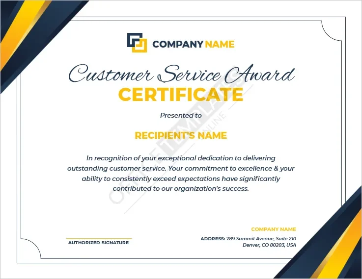 Customer Service Award Certificate Template