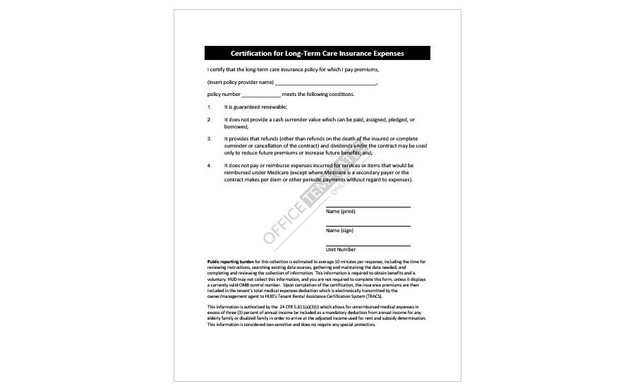Download Certificate of Long Term Care Insurance Template for MS Word