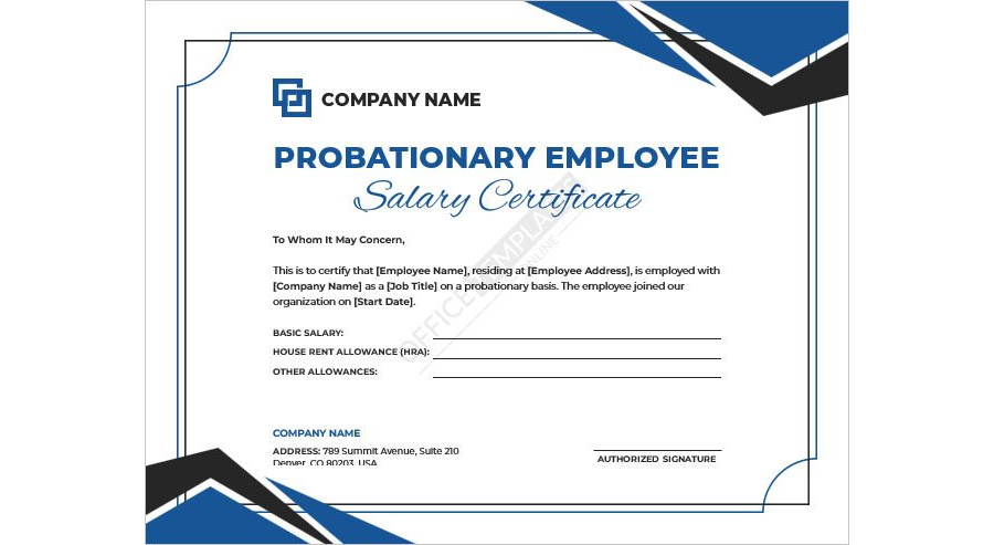 Probationary Employee Salary Certificate Template
