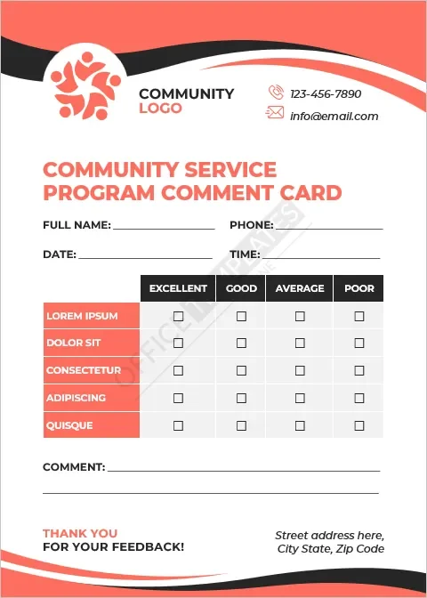 Community Service Program Comment Card Template