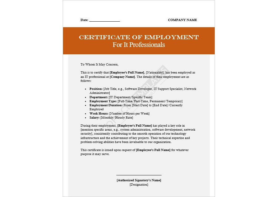 Certificate of Employment for IT Professionals