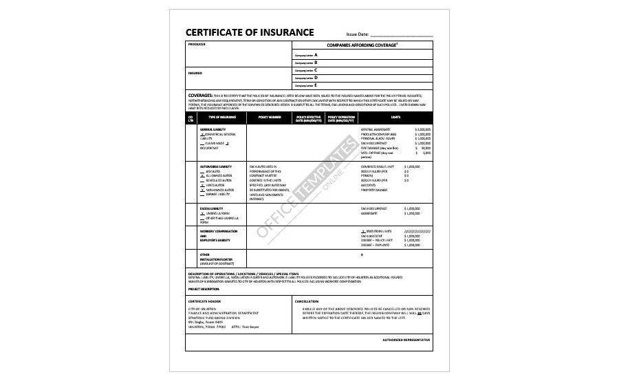 Download Sample Construction Certificate of Insurance in Microsoft Word