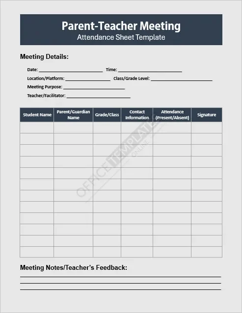 Parent-Teacher Meeting Attendance Sheet Template