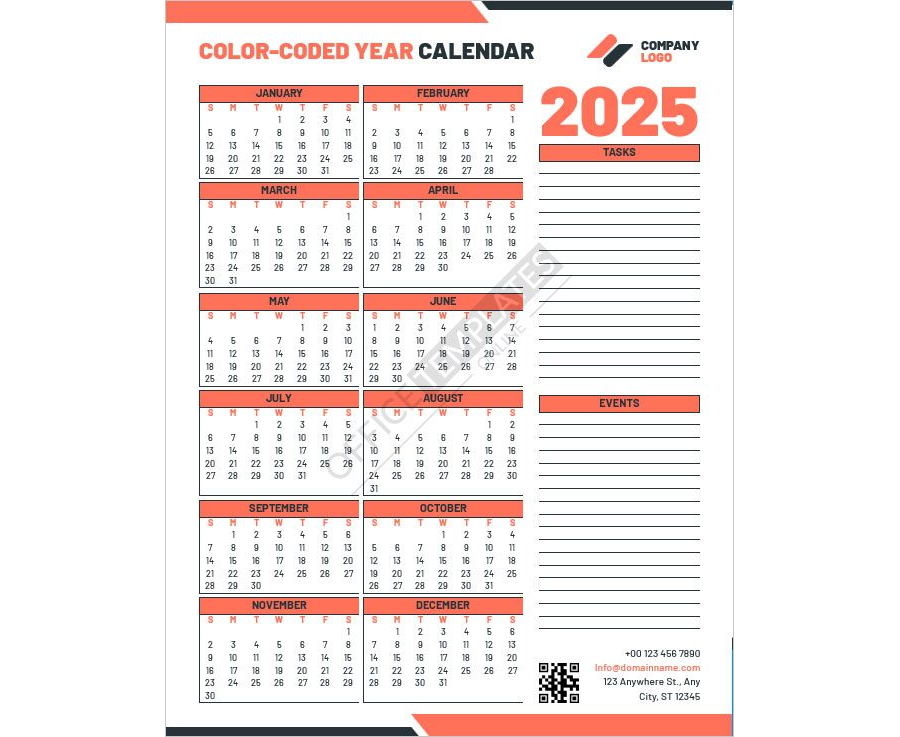 Color-Coded Year Calendar Template (for tasks or events)
