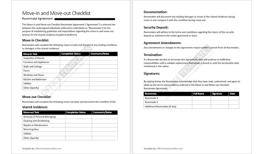 Move-in and Move-out Checklist Agreement Template