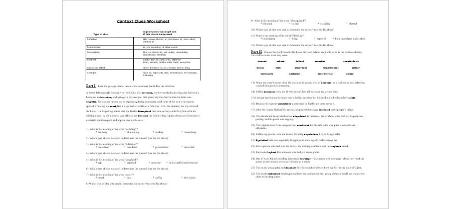 Context Clues Worksheet Template in MS Word Format