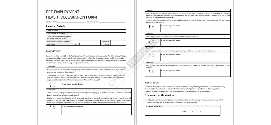 Pre-employment Health Declaration Form in MS Word