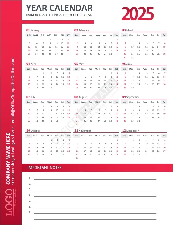 Download Year Calendar Template with Key Notes