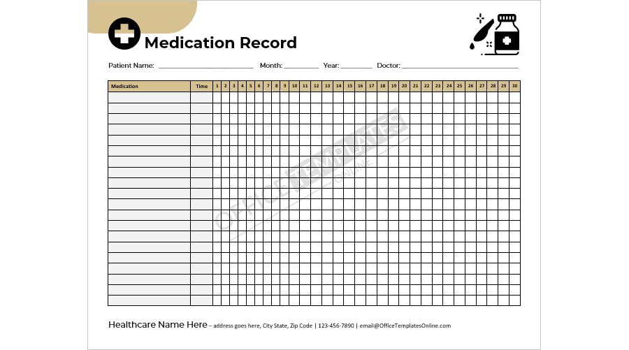 Monthly Medication Record Template for MS Word