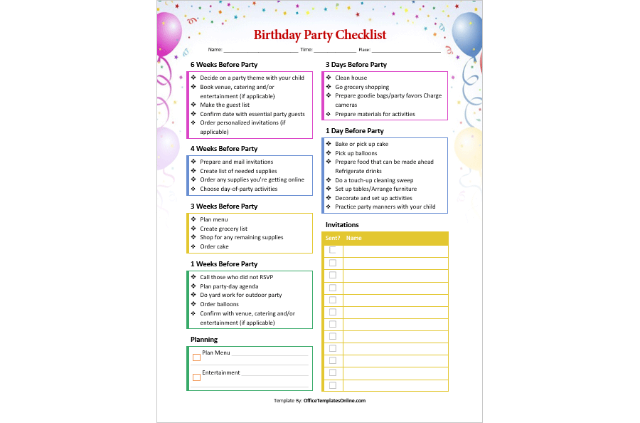 Birthday Party Checklist/To-Do List
