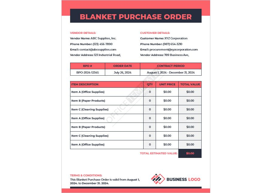 Blanket Purchase Order Template