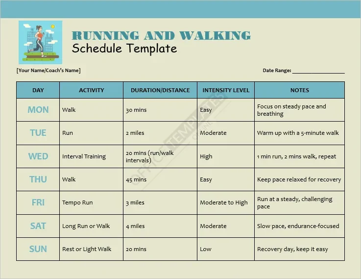 Running and Walking Schedule Template