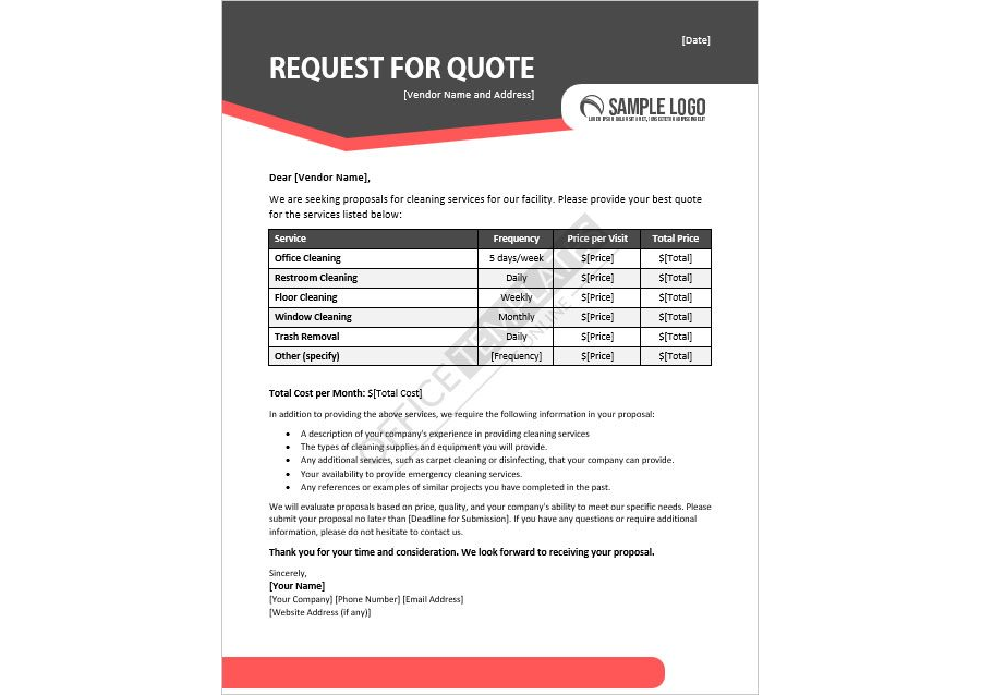 Download Cleaning Services Request for Quote Template in MS Word Format