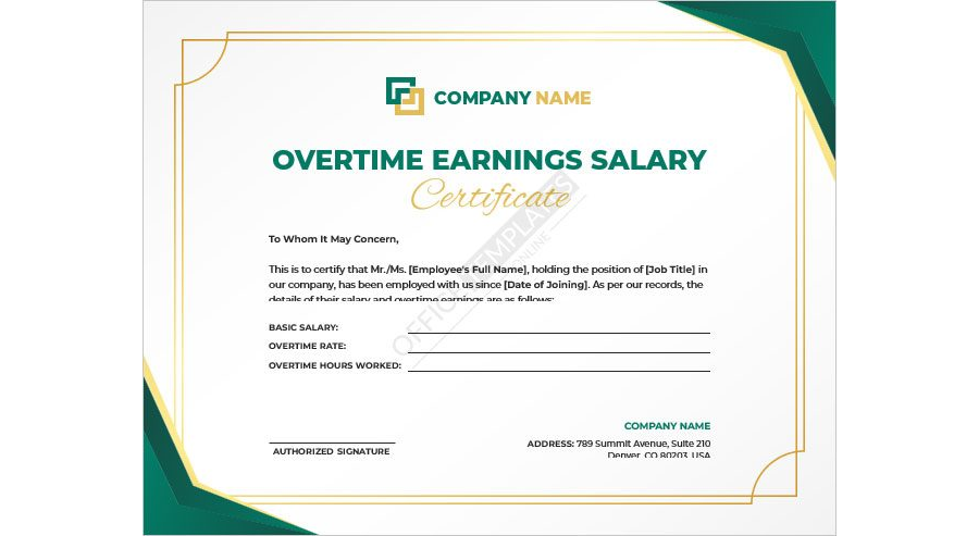 Overtime Earnings Salary Certificate Template