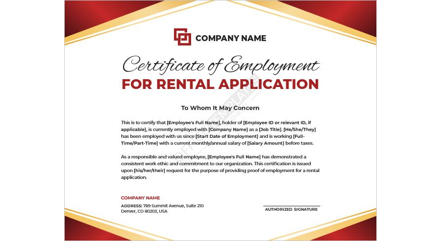 Certificate of Employment for Rental Application