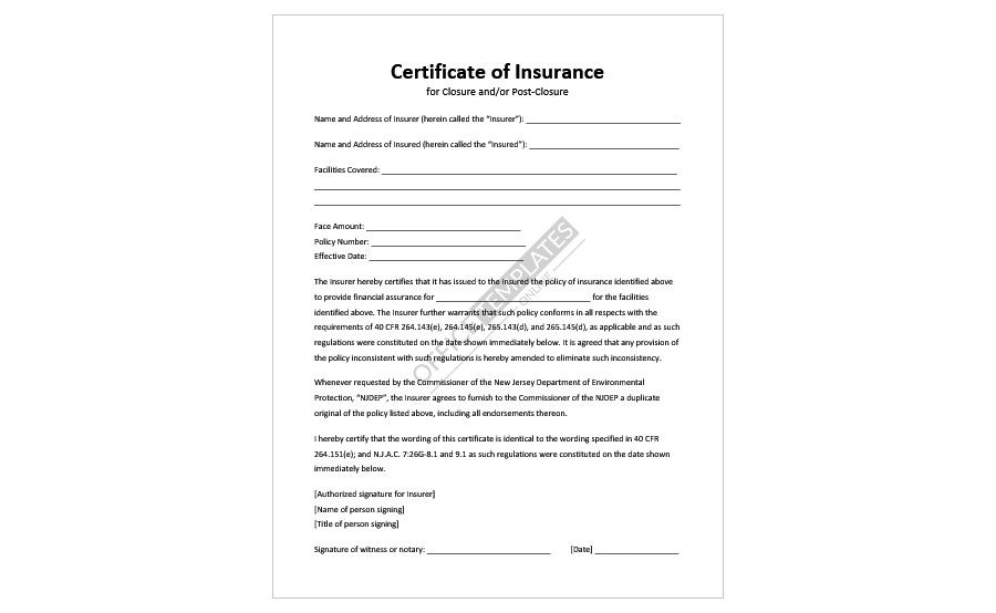 Download Certificate of Insurance Template for Closure and/or Post Closure - MS Word