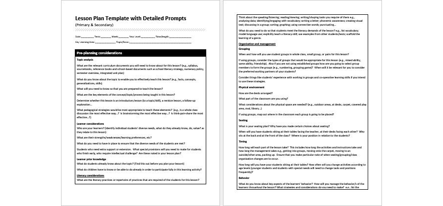 Download Lesson Plan Format with Detailed Prompts Primary and Secondary