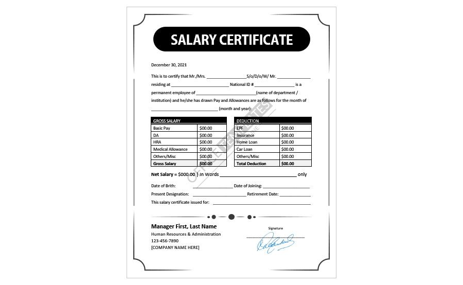 Download Salary Certificate Format with Gross and Deduction Amounts - MS Word