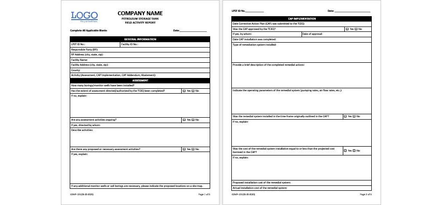 Download Petroleum Storage Tank Field Activity Report Template