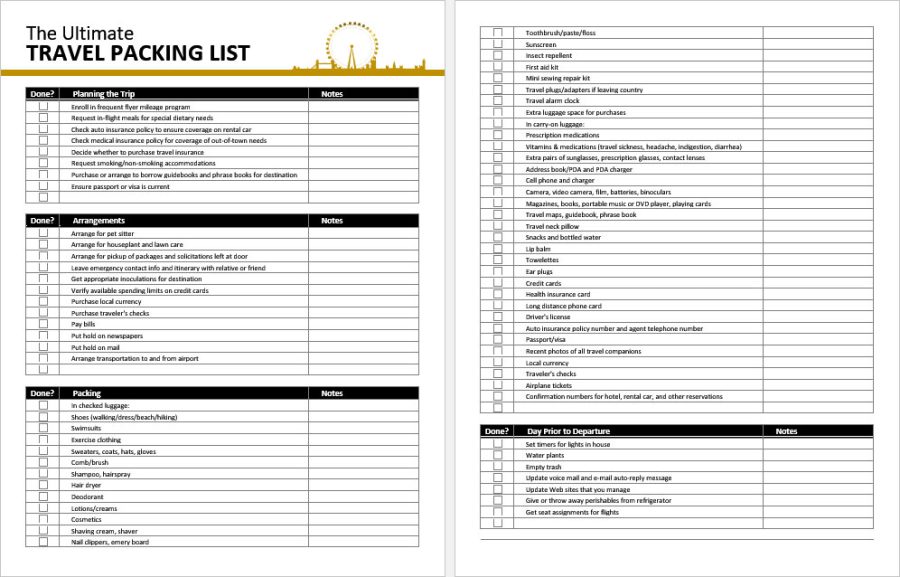Download Travel Packing List Template - MS Word
