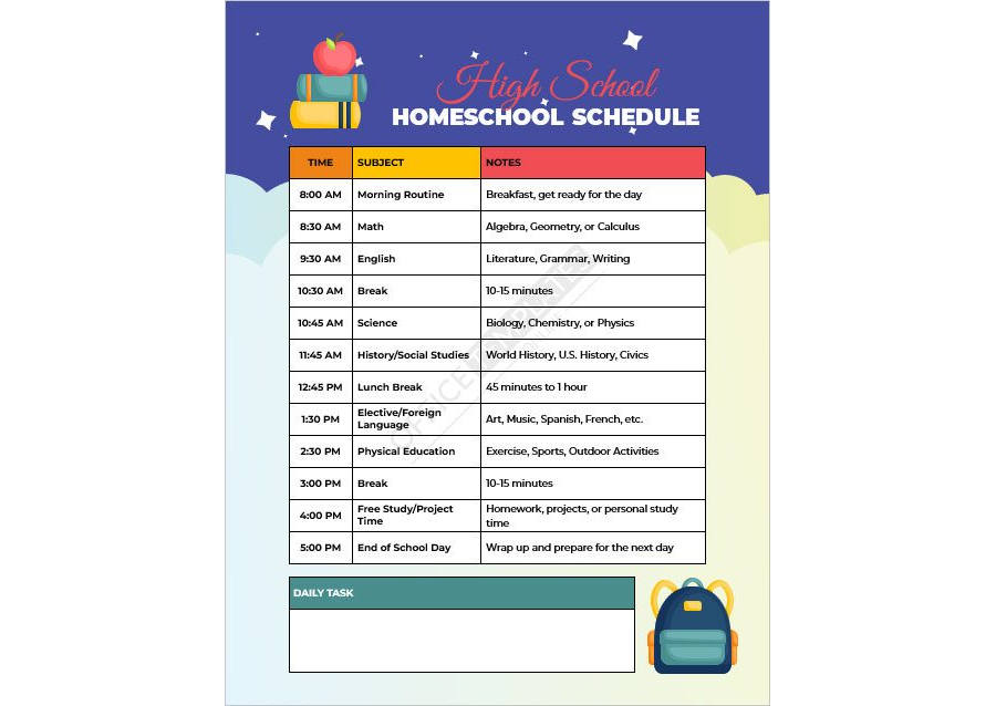High School Homeschool Schedule Template