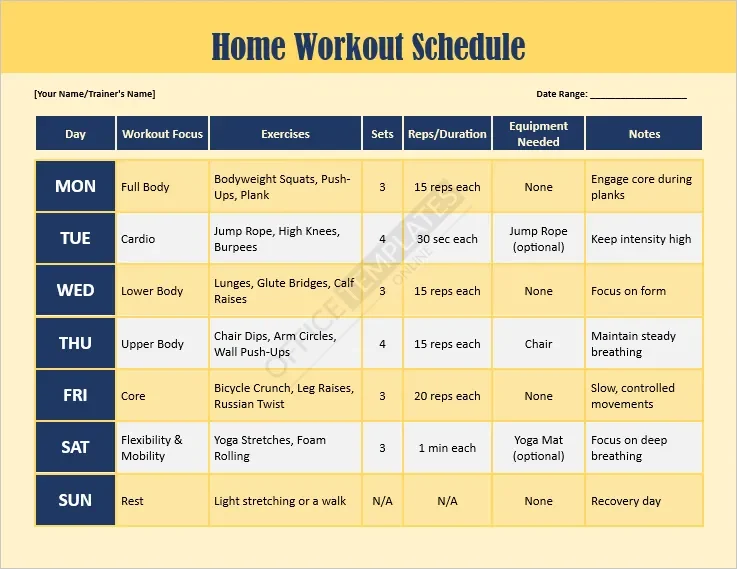 Home Workout Schedule Template