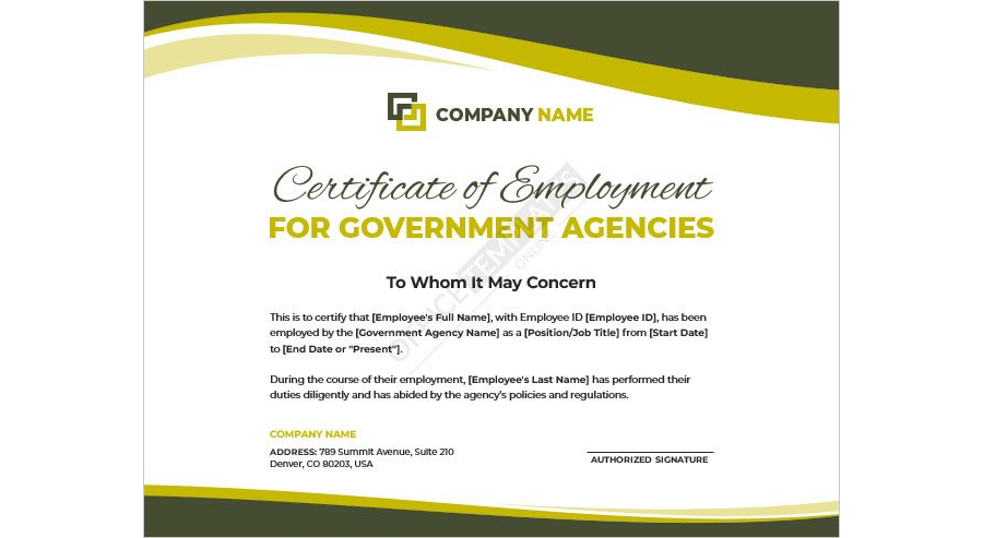 Certificate of Employment for Government Agencies