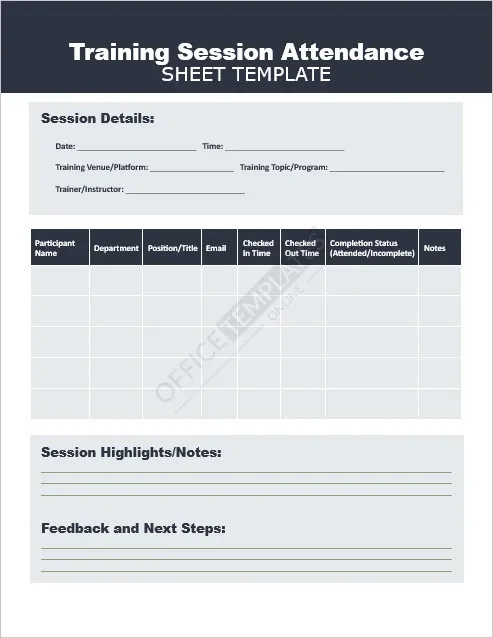 Training Session Attendance Sheet Template