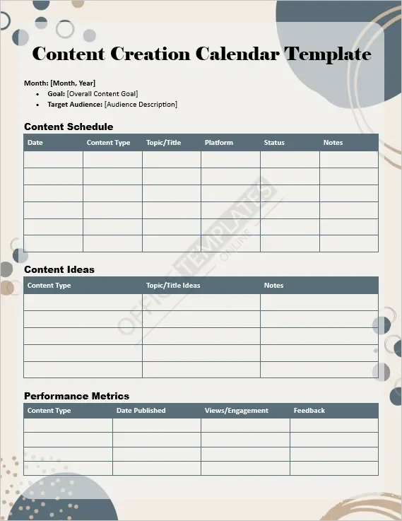 Content Creation Calendar Template