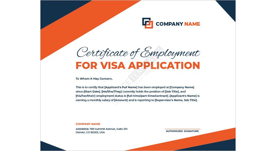 Certificate of Employment for Visa Application