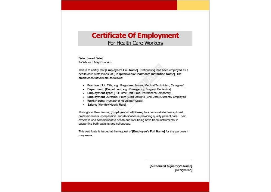 Certificate of Employment for Health Care Workers