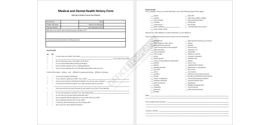Dental Health History Form Template in MS Word