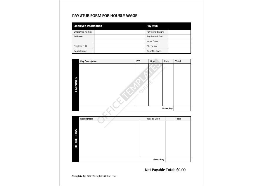 Download Hourly Wage Pay Stub Form Template for MS Word