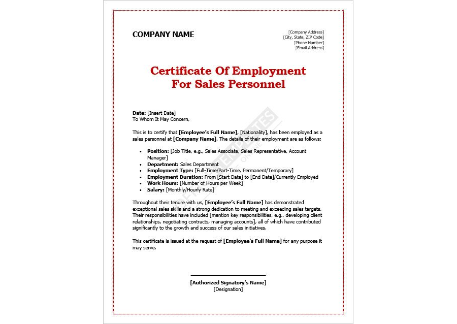 Certificate of Employment for Sales Personnel