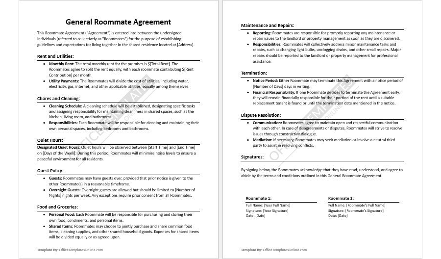 General Roommate Agreement in MS Word Format